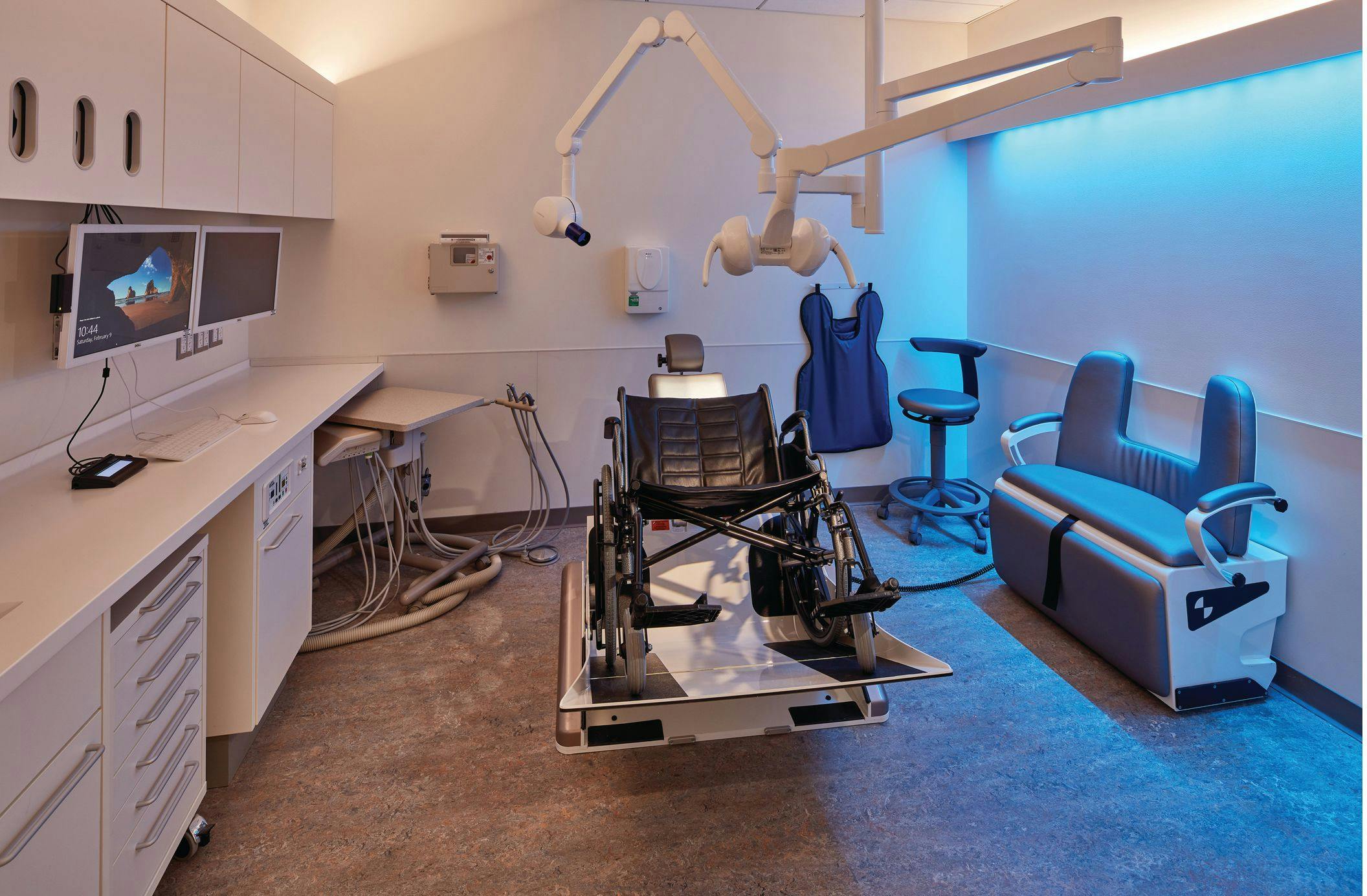 In 2019, New York University’s College of Dentistry opened the NYU Dentistry Oral Health Center for People with Disabilities. The center provides comprehensive oral health care for those with physical, cognitive, and developmental disabilities and is specially designed to meet the needs of this unique population. Pictured is one of the center’s operatories that was designed to accommodate a wheelchair.
