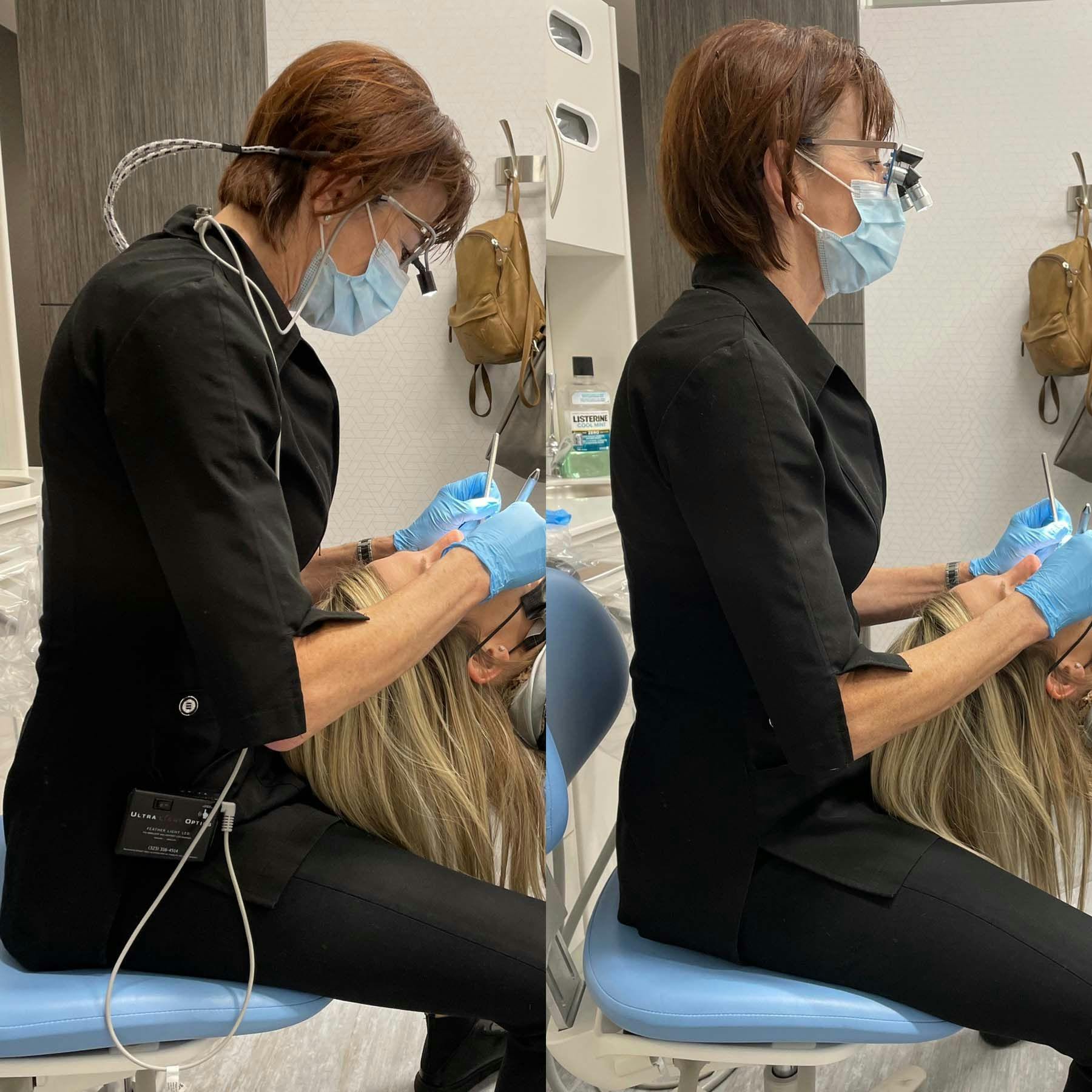 Practicing with conventional loupes (left) can force hygienists to hunch, stretch, and strain to gain the best vantage point, while ergo loupes allow dental professionals to sit in upright, ergonomic, healthy postures (right). | Image Credit: © Admetec