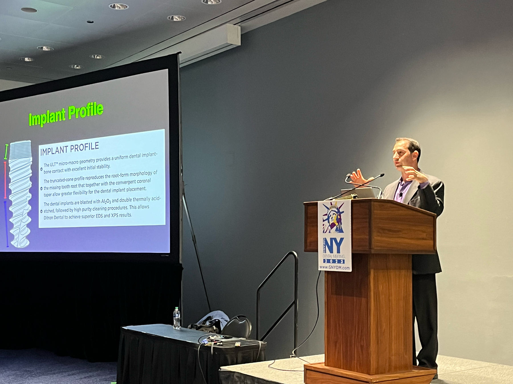 Edward Goldin, DDS speaking about Ditron Dental USA implant solutions at the DPR Product Solutions Center during the 2023 Greater New York Dental Meeting.