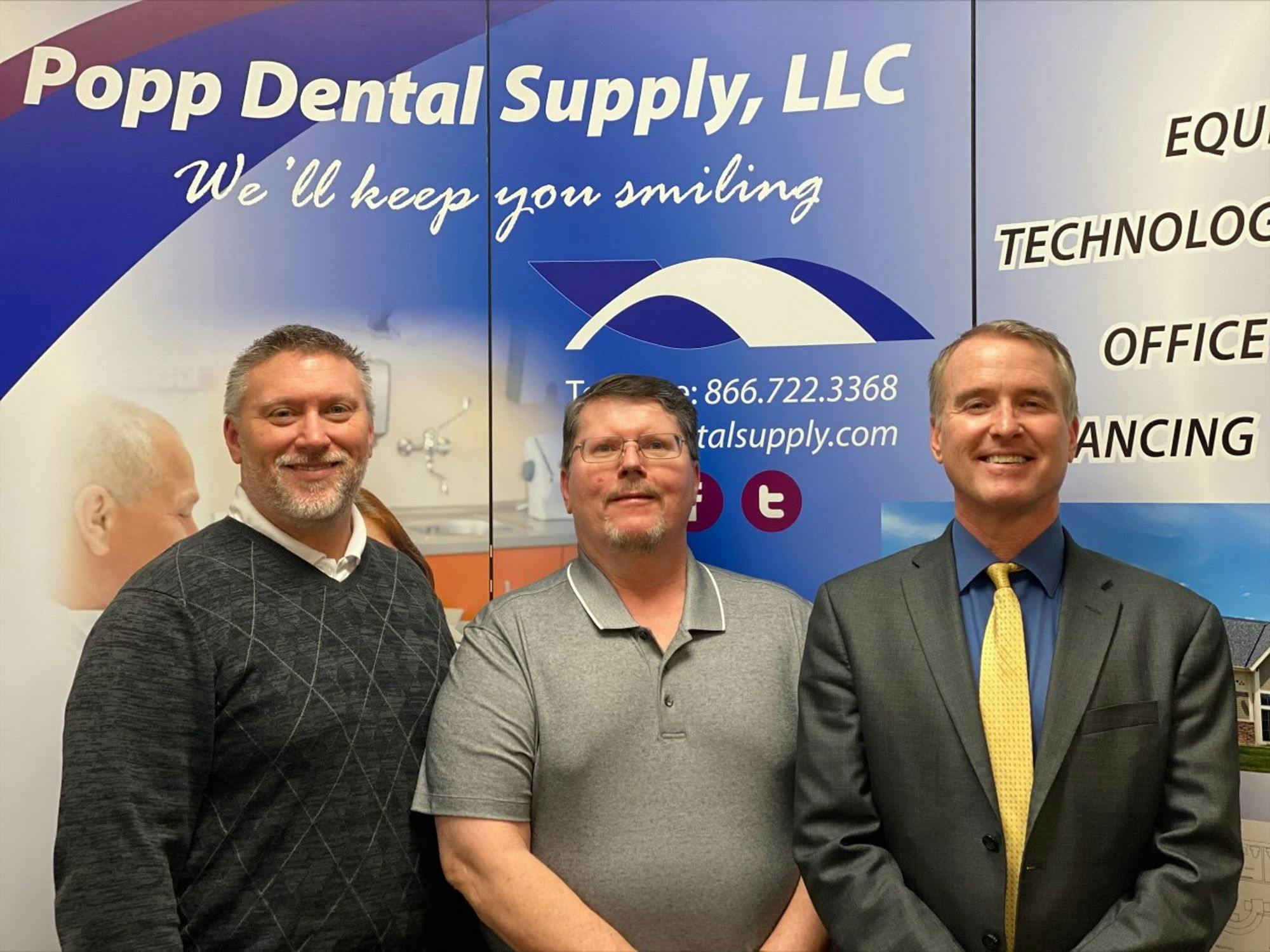 PoppDental Supply owners, from left, Tim Nielson, President, Dave Kelsay,  General Manager and John Przybyla, Outside Sales. Absent from photo: James Brown. Benco Dental Acquires Popp Dental Supply. 