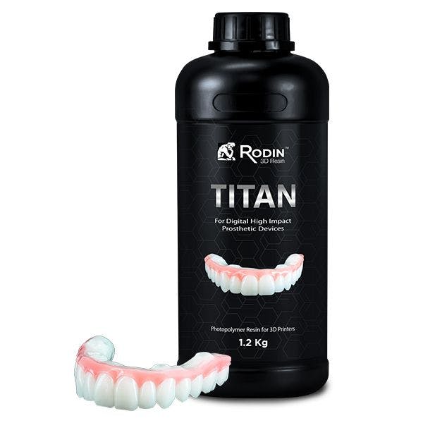 Rodin™ Titan ceramic nanohybrid resin is engineered for the printing of full arch restorations and provisional hybrid dentures. | Image Credit: © Pac-Dent, Inc