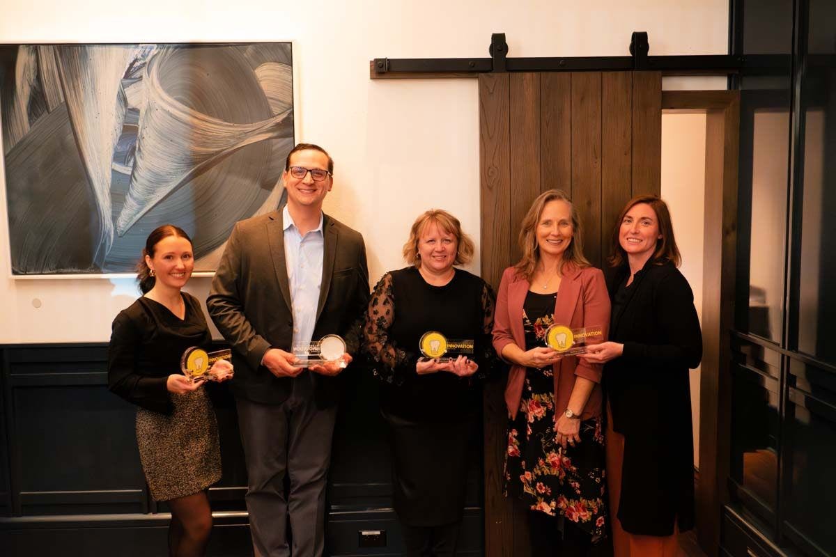 2023's Tellie Award winners, from left to right: Robyn Shafer, RDH, Mainely Teeth, Nathan Suter, DDS, Chief Innovation Officer & Dental Director, Enable Dental, Shawn Oprisiu, Director of Dental Outreach, Swope Health Services, Michelle Roman, RDH, Chair of Dental Hygiene, Middlesex College, and Nadine Thompson, RDH, Instructor, Middlesex College. Winner Marko Vujicic not pictured. Image credit: © MouthWatch, LLC