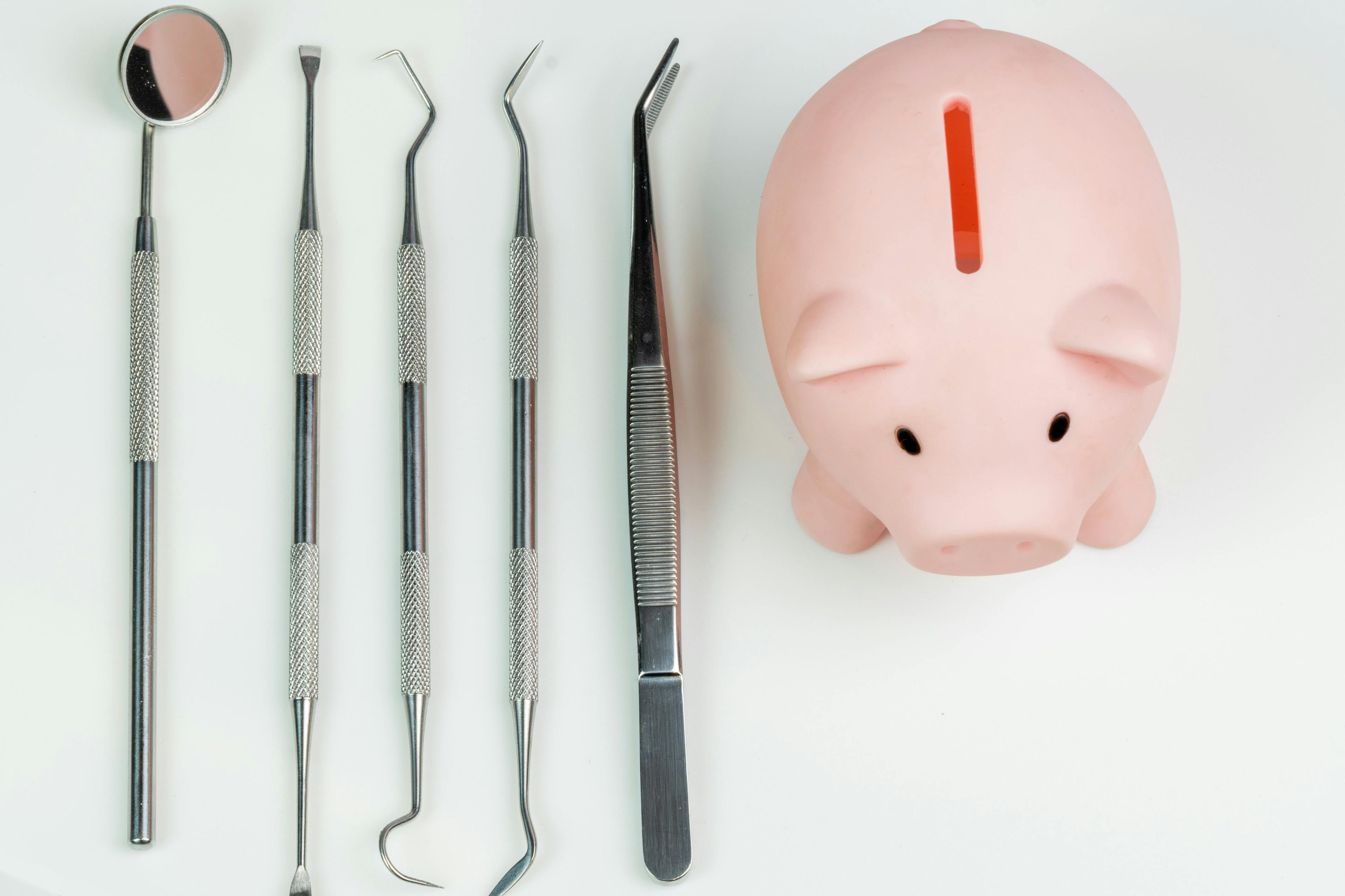 piggy bank with dentist tools isolated on white background: Image Credit: © Hector - ©Hector - stock.adobe.com.
