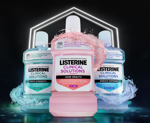 Listerine's new Clinical Solutions line of mouthwash is available in Gum Health, Breath Defense, and Teeth Strength formulations. | Image Credit: © Kenvue
