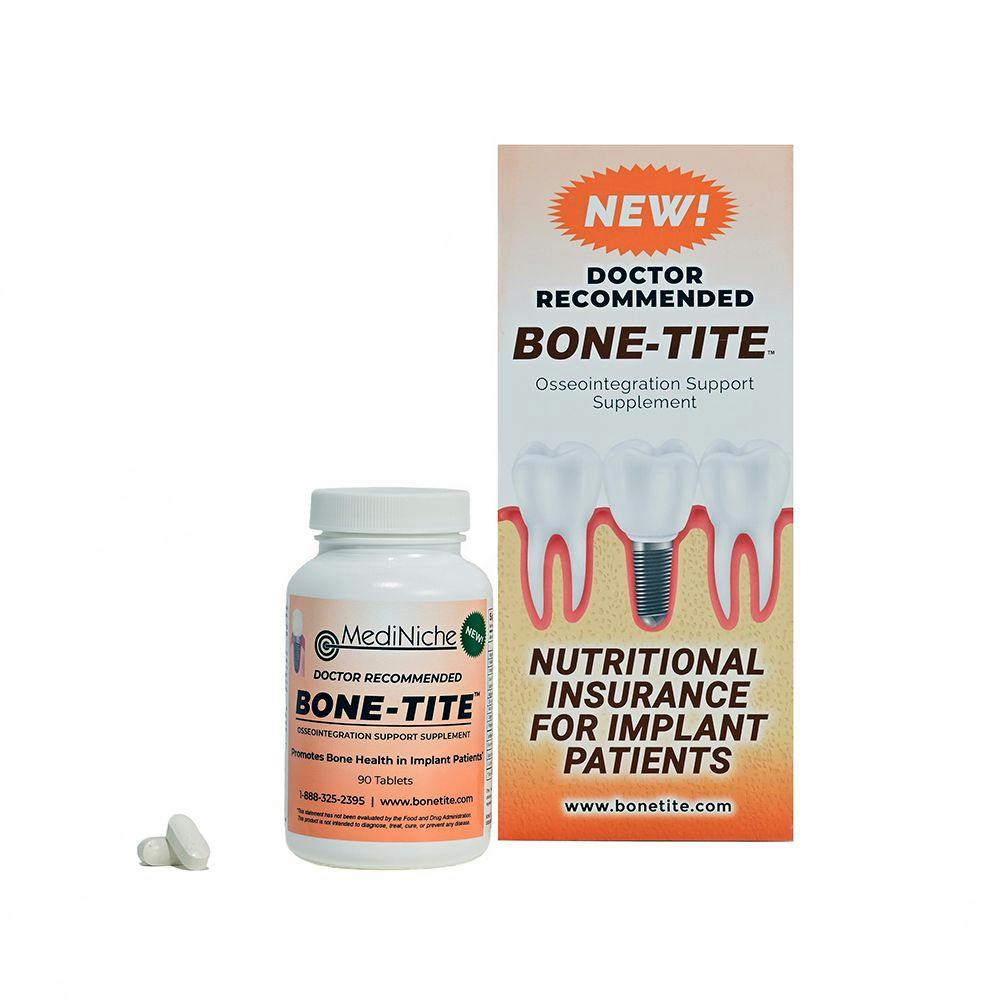BONE-TITE is a new over-the-counter dietary supplement product developed in conjunction with prosthodontists, periodontists, and other dental professional experts in bone metabolism and bone growth for use with patients that may require nutritional insurance before and after dental implant procedures. 