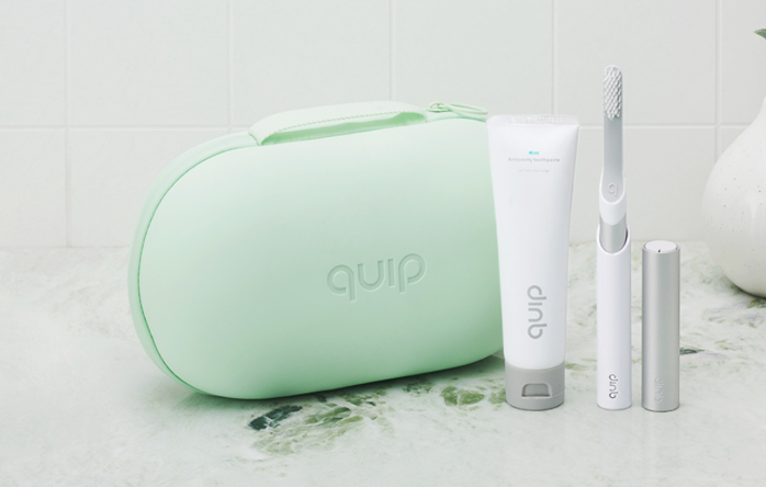 quip electric toothbrush, quip toothpaste, quip floss, and travel case