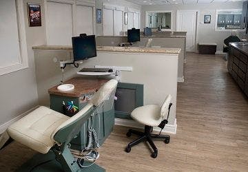 	The open-concept treatment area has aesthetically pleasing clear sightlines that also serve a practical purpose: They allow practice employees to see the entire treatment area. 