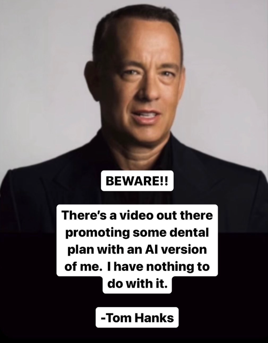 Artificial Intelligence Deepfake Tom Hanks Used Without Permission for Dental Advertisement. Image credit: © Tom Hanks