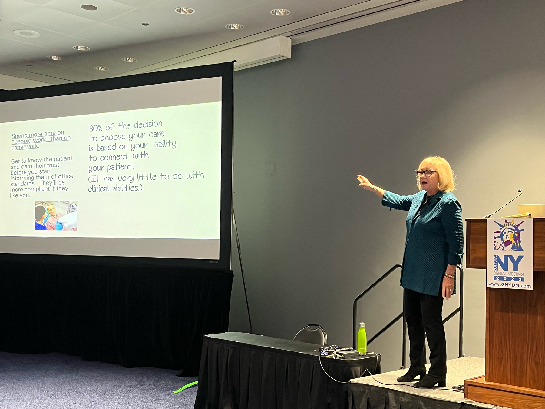 Debra Engelhardt-Nash presents about Weave software and patient communication best practices at the Dental Products Report 2023 Greater New York Dental Meeting Product Solutions Center.