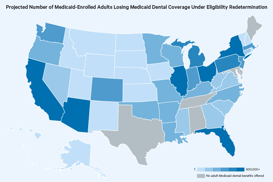 Projected Number of Medicaid-Enrolled Adults Losing Medicaid Dental Coverage Under Eligibility Redetermination | CareQuest Institute