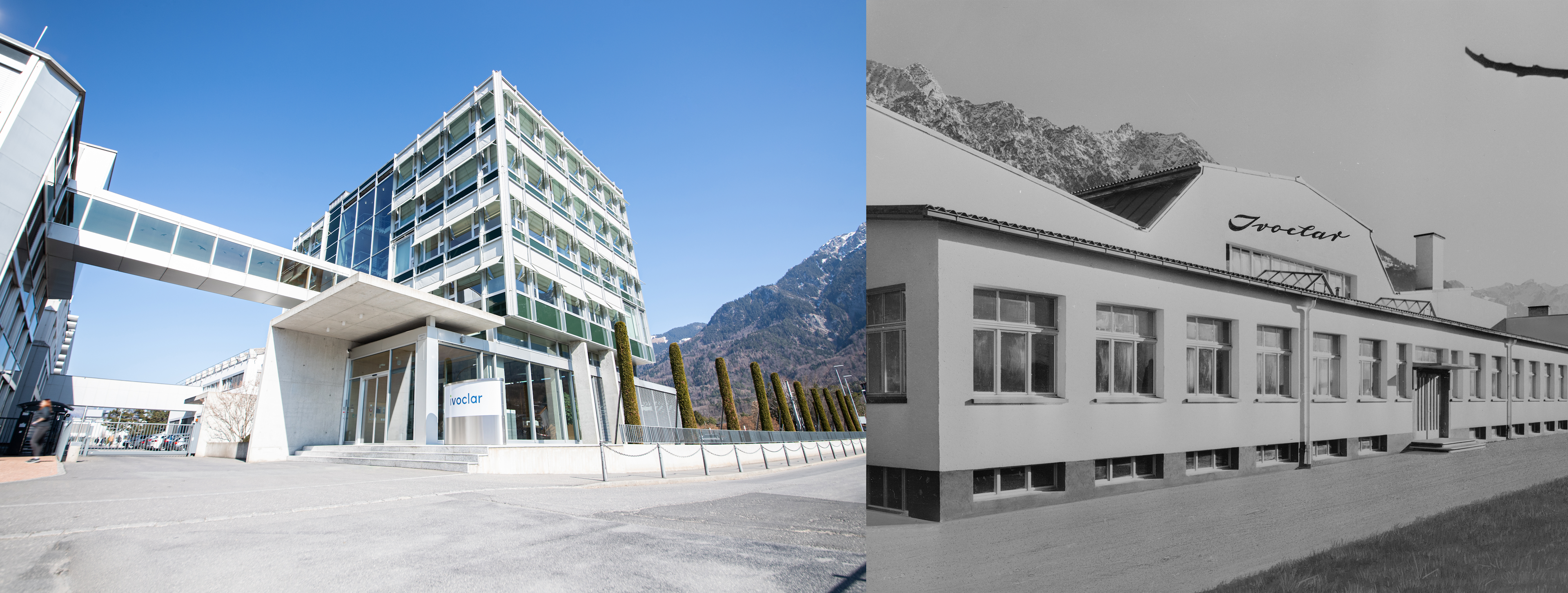 Ivoclar's headquarters have been located in Liechtenstein since 1933. A present-day scene is pictured on the left and one from the company's archives is on the right.