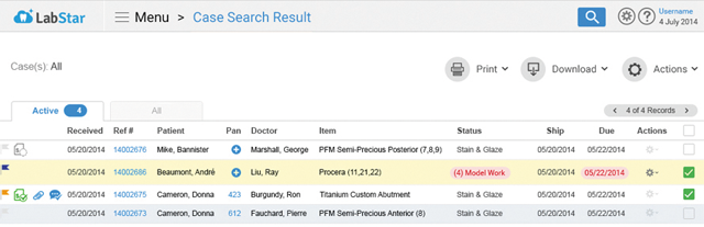 Case search results page in LabStar