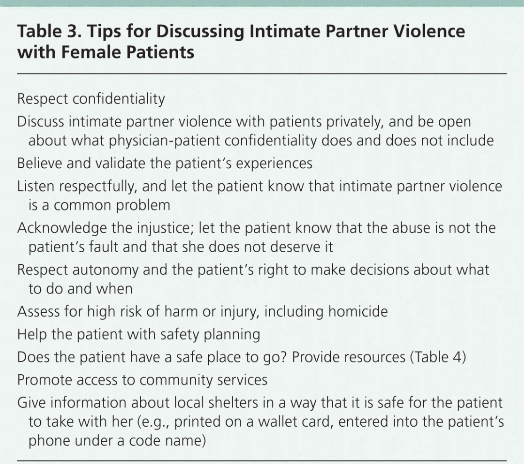 Table 3. Tips for Discussing Intimate Partner Violence with Female Patients8