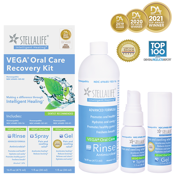 Figure 2. The Vega Recovery kit from StellaLife is formulated as adjunctive therapy for pre- and postsurgical treatment. It includes an antimicrobial rinse, a sublingual spray, and a topical gel.